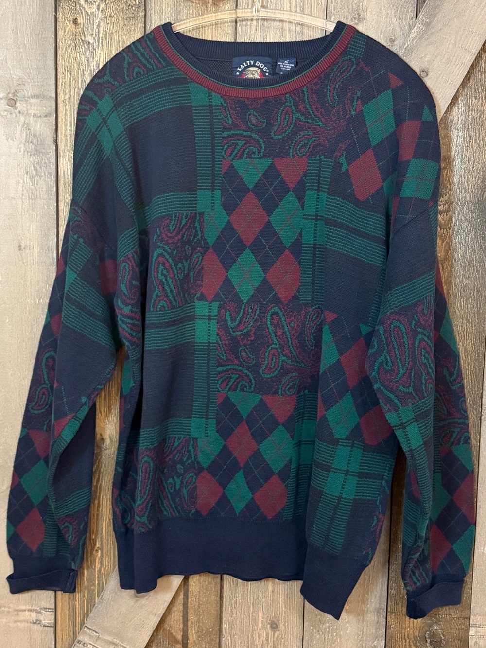 Vintage 90s Salty Dog GANT XL Argyle Paisley Patchwork Sweater Grandpa Preppy